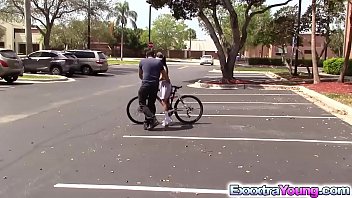 Latina teen Emily Mena learns to ride a bike with a help of a horny neighbor.